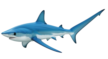 Isolated thresher shark close-up view, ocean predator with large eyes and long tail fin