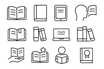 Book reading and library line icon set. Education, learning, literature symbols. E-book, student, knowledge concepts. Editable stroke vector icons for web, ui, app.