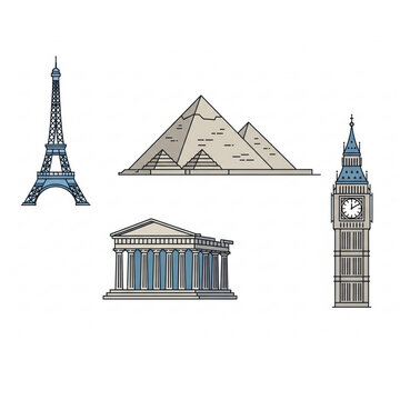 A collection of famous world landmarks and monuments illustrated in a modern line art style for travel and tourism concepts