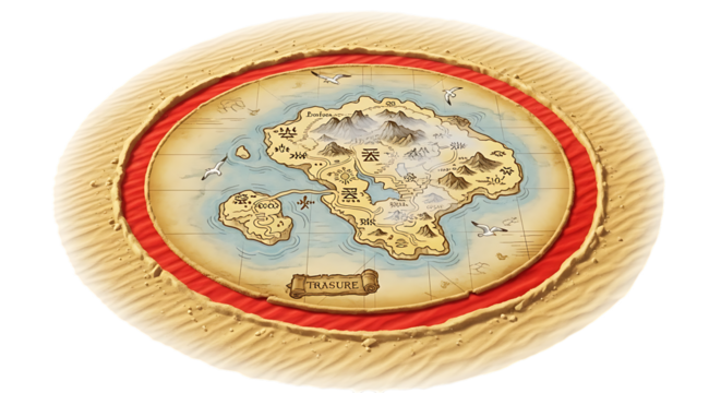 Flat earth map illustration isolated on transparent background the map is a circular disc with a central continent surrounded by water and an ice wall the illustration is a whimsical and imaginative d