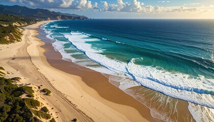 Aerial View of Sandy Beach with Turquoise Waves and Green Vegetation Under Partly Cloudy Blue Sky on Sunny Day Coastline Landscape
