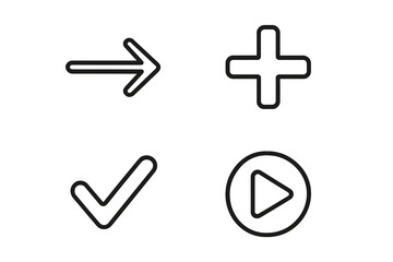 Fototapeta premium Simple linear interface icons set, includes arrow, plus, checkmark, play button, minimalistic vector symbols for app UI, web design, card and post creation, modern cartoon style