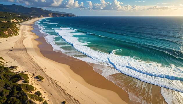 Aerial View of Sandy Beach with Turquoise Waves and Green Vegetation Under Partly Cloudy Blue Sky on Sunny Day Coastline Landscape