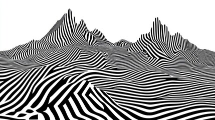Abstract Zebra-Striped Hillscape, Op Art Illusion, Black and White
