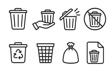 Trash can icons set for web, apps, and print. Line style editable stroke. Vector cartoon illustration of garbage bin, recycling, no trash symbol, trash bag, basket, and file with trash sign.
