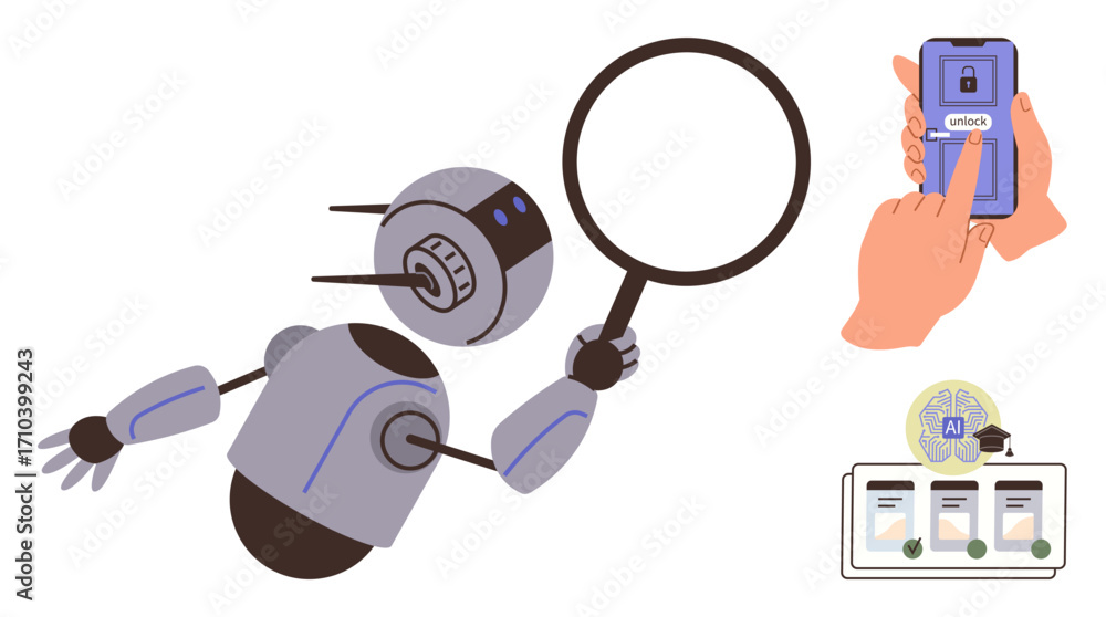 Poster robot inspecting with magnifying glass, hand unlocking smartphone, ai analyzing data. ideal for tech