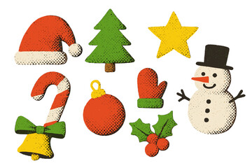 Trendy Christmas halftone dotted effect elements set for New Year festive decoration, naive collage art, cute craft knick-knacks, modern vintage style vector illustration, cartoon holiday icons