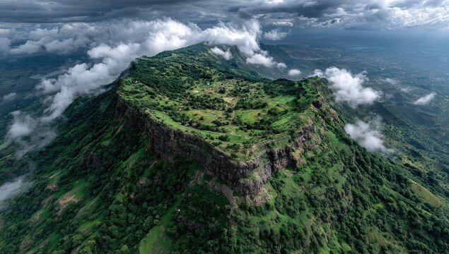 Aerial view of a mountaintop plateau. Lush green vegetation blankets the rugged, rocky summit, nestled within a dramatic mountain range. Heavy clouds swirl around the peak