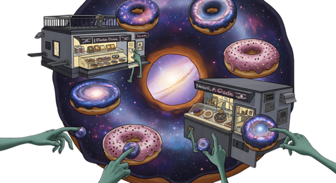 A cosmic donut factory with alien hands crafting galaxyfilled donuts around a saturnlike planet, isolated on transparent background the scene features intricate machinery and vibrant colors, blending 
