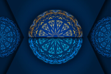 Decorative golden floral mandala with central blue star pattern on elegant deep blue design