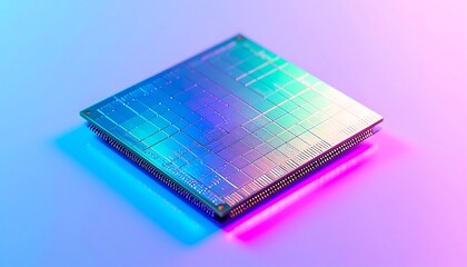 Close-up view of a vibrant, colorful computer processor chip, showcasing intricate details and a modern technological aesthetic.