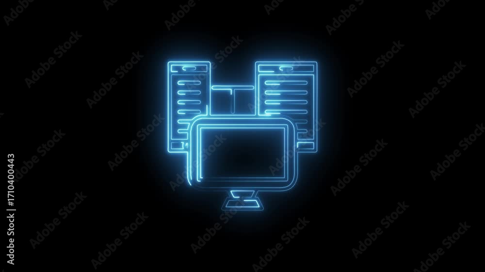 Poster blue neon network server computer icon animation on black background for technology concept