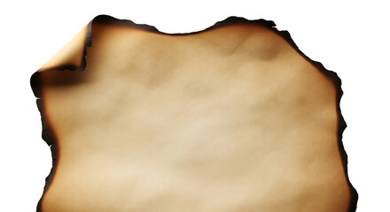 Obraz premium A piece of aged, burnt paper with charred edges and a curled corner, evoking a sense of history, mystery, and the passage of time, isolated on transparent background