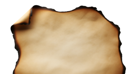 A piece of aged, burnt paper with charred edges and a curled corner, evoking a sense of history, mystery, and the passage of time, isolated on transparent background