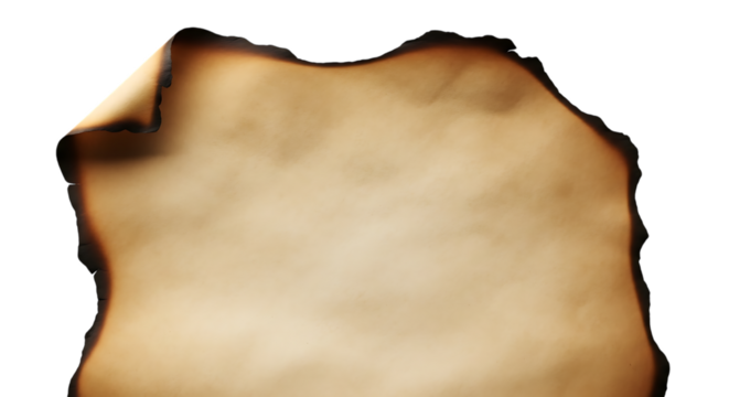 A piece of aged, burnt paper with charred edges and a curled corner, evoking a sense of history, mystery, and the passage of time, isolated on transparent background