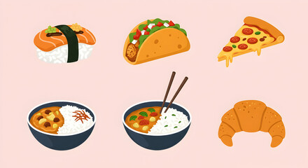 Variety of Food Illustrations Sushi Taco Pizza and Curry