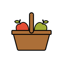 A brown basket containing a red apple and a green apple, both with leaves, on a white background.