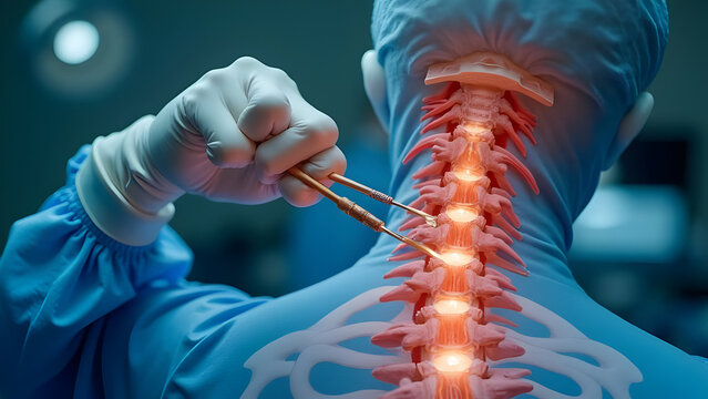 Neurosurgeon demonstrating spinal canal anatomy