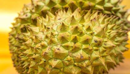 Close-up view of a durians spiky skin exhibiting a vibrant array of yellowish-green hues.