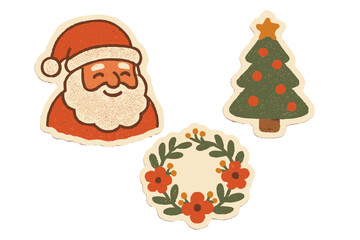 Vintage torn paper stickers set with warm Santa Claus, decorated Christmas tree, and floral wreath in naive clay style, retro halftone vector illustration design for holiday seasons