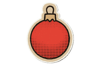 Christmas red bauble decoration sticker with halftone dots collage style, torn paper magazine cutout, festive holiday ornament vector cartoon illustration, clipping scrap paper art
