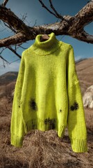 A neon-yellow turtleneck sweater hangs from a wooden hanger against a rustic outdoor backdrop of dry grass and a leafless tree branch. The sweater shows subtle, dark discoloration in a few areas