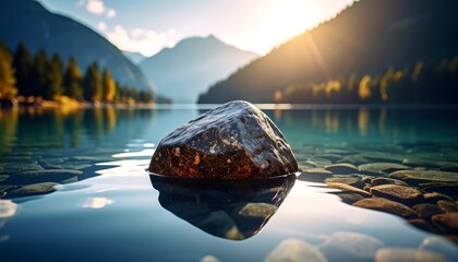 A tranquil scene of a dark stone resting peacefully amidst a crystal-clear lake, bathed in the soft morning sunlight, with majestic mountains as a backdrop.