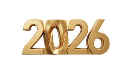Isolated golden 2026 year numbers, modern font shape, shiny golden letters, New Year