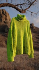 A bright lime green, oversized turtleneck sweater hangs from a tree branch against a backdrop of dry, brown grass and rocky hills under a pale sky
