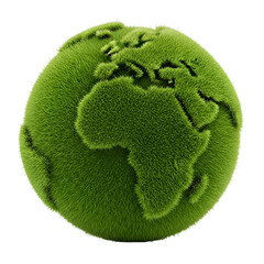 Green Earth Globe Displays Continents with Grass Texture on Transparent Background, Ecology Theme