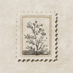A vintage-style postage stamp features a detailed pencil sketch of a delicate flowering plant, set against a textured, aged paper background