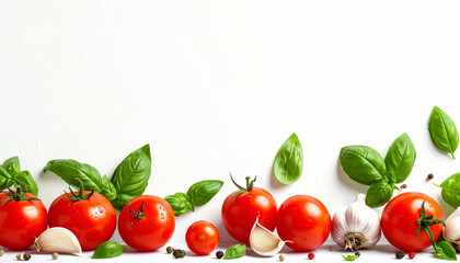 Fresh tomatoes, garlic, and basil on a white background, copy space. AI