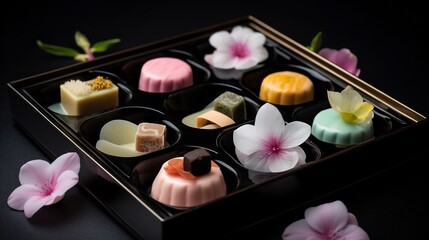 Japanese wagashi sweets pastel colors flower shaped and delicately arranged on a black lacquer tray