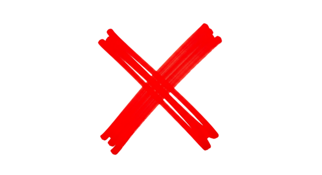 A bold red x mark, created with thick brushstrokes, stands out against the transparent background, conveying a sense of cancellation, error, or prohibition isolated on transparent background