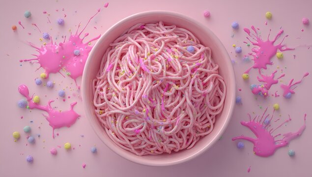 Pastel pink bowl of spaghetti with sprinkles and paint splatters