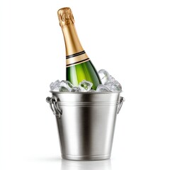 Champagne celebration with bottle in ice bucket isolated on white for party and event decoration