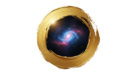 Obraz premium A mesmerizing galaxy swirls within a golden circle, its vibrant colors contrasting with the metallic hue, creating a captivating image of cosmic wonder isolated on transparent background
