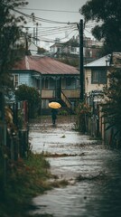 A lone figure with a yellow umbrella walks down a rain-soaked alleyway between houses on a gloomy day.  The street is flooded, and vegetation lines the sides