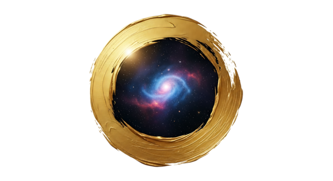 A mesmerizing galaxy swirls within a golden circle, its vibrant colors contrasting with the metallic hue, creating a captivating image of cosmic wonder isolated on transparent background - Powered by Adobe