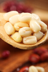 White beans in wooden spoon with red beans background - healthy legumes and grains for cooking