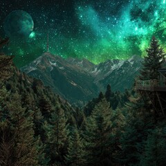 A surreal landscape of a mountain range at night, under an aurora-like sky filled with stars and a large planet. A treetop structure is partially visible on the right