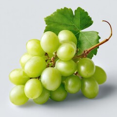 Fresh unripe green grapes cluster with leaf on white background for natural and organic product design