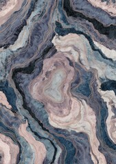 Abstract art depicting swirling, organic forms in muted blues, pinks, and creams, reminiscent of agate or marble.  Thin, dark lines trace the contours of the shapes