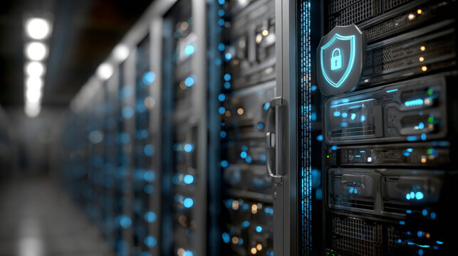 Server Room with Rows of Racks with Blinking Lights Indicating Activity - Powered by Adobe