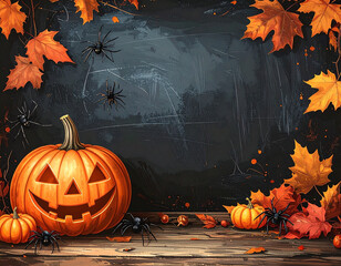Halloween blackboard with a jack-o'-lantern, spiders for festive decor, illustration. AI