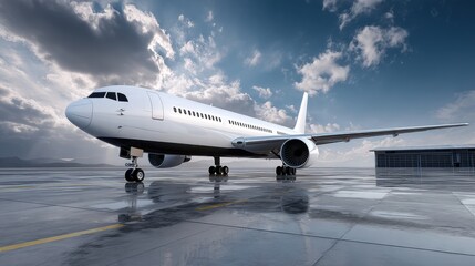Obraz premium Modern Aircraft on Tarmac Under Dramatic Cloudy Sky at Airport