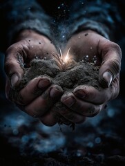 Hopeful start: hands holding soil with a sprout shining in the darkness.