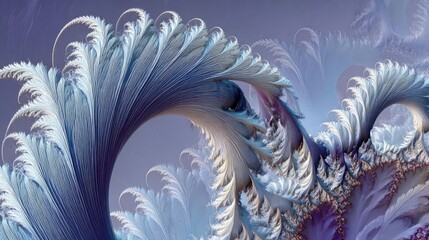 An abstract fractal art piece featuring swirling, feather-like formations in shades of blue, purple, and white against a muted background.  The forms create a sense of depth and movement