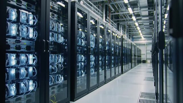 Crypto mining server room with rows of computer servers and data storage units in a high tech facility for blockchain technology and cryptocurrency processing