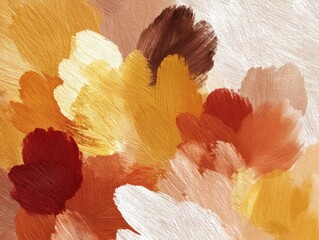 An abstract artwork featuring an array of warm-toned, textured brushstrokes in varying shades of orange, brown, and beige, creating a visually rich and dynamic composition